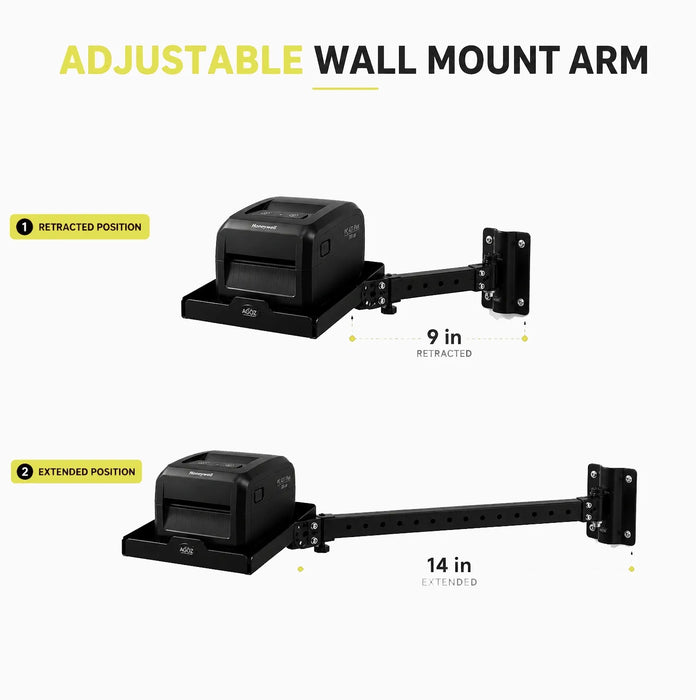 AgozTech adjustable wall mount arm for Honeywell printer shelf shown retracted and extended