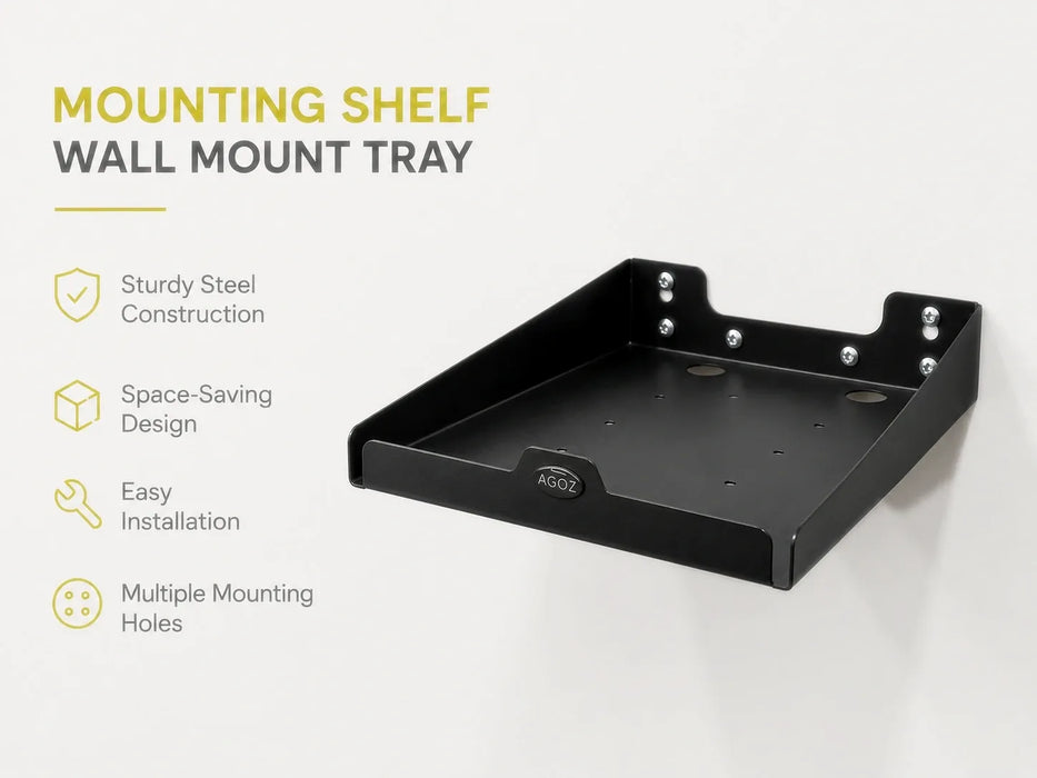 Black stainless steel Agoz wall-mount tray for the Zebra ZD621 printer with multiple installation holes.