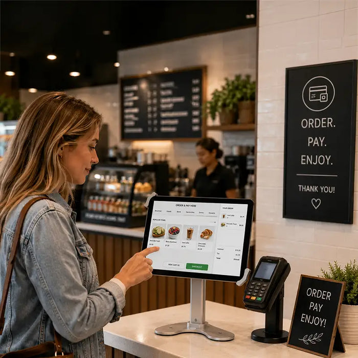Customer placing a cafe order on a Unitech RT112 tablet mounted to an Agoz POS stand beside a payment terminal.