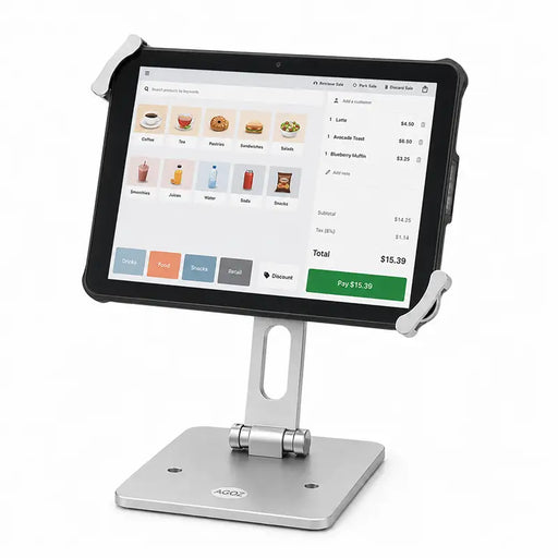 Unitech RT112 tablet displaying an active POS order screen on an Agoz low-profile countertop stand.