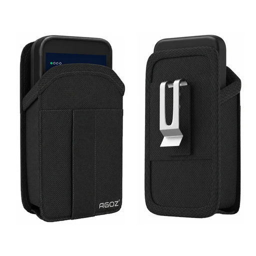 Agoz durable Adyen POS terminal carrying case shown from front and rear angles, featuring black protective fabric and a secure metal belt clip.