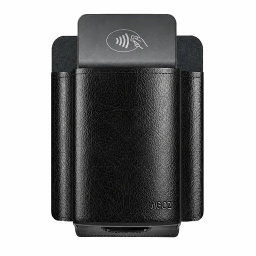 Black leather Adyen POS with belt clip on a white background