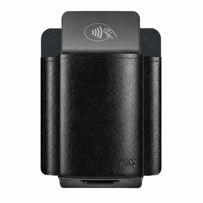 Black leather Adyen POS with belt clip on a white background