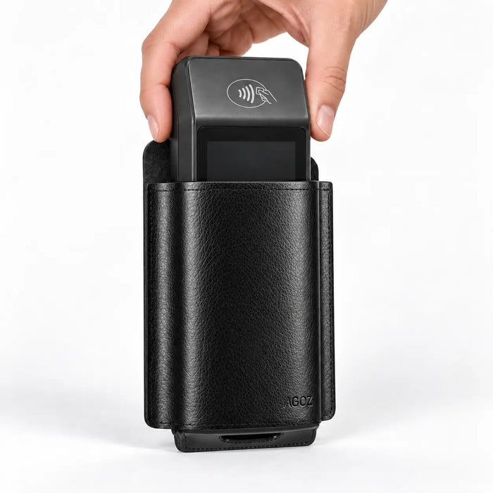 A black textured leather Adyen POS handheld holster holding a black card reader device, with a hand inserting the device. The holster has AGOZ printed on the bottom right corner.