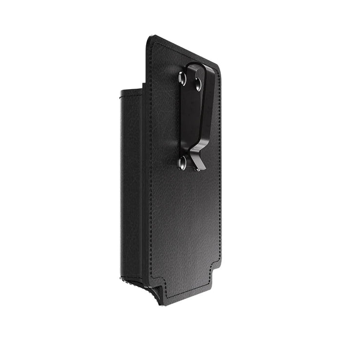Leather POS case with a black belt clip on a white background