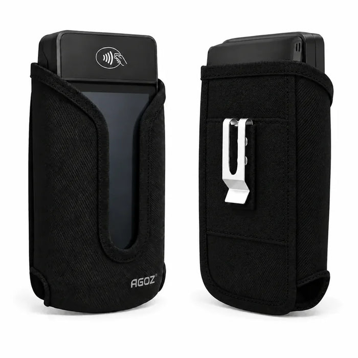 A black AGOZ POS holster cases shown on a white background, one displaying the front with a transparent window and a black device inserted, and the other showing the back with a silver metal belt clip.