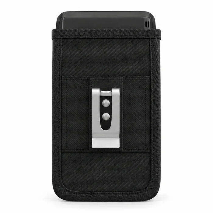 A black textured fabric adyen POS belt holster case with a silver metal clip, shown on a white background.