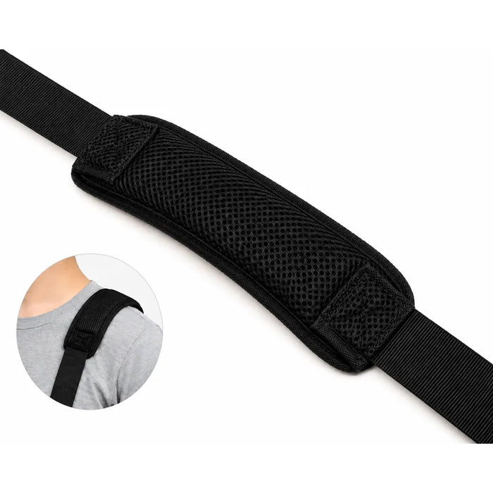 Black mesh shoulder support strap with adjustable webbing, shown on a white background with a circular inset demonstrating wear on the shoulder.
