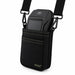 A black canvas crossbody pouch with yellow contrast stitching, holding a black Adyen POS terminal, on a white background. The pouch features the brand name 'AGOZ' in gold near the bottom and has an adjustable black strap with metal clips.