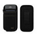 Black textured Adyen POS pouch shown from two angles: one front view with a card slot containing a black card and gold AGOZ branding, and one back view with a hook-and-loop closure panel.
