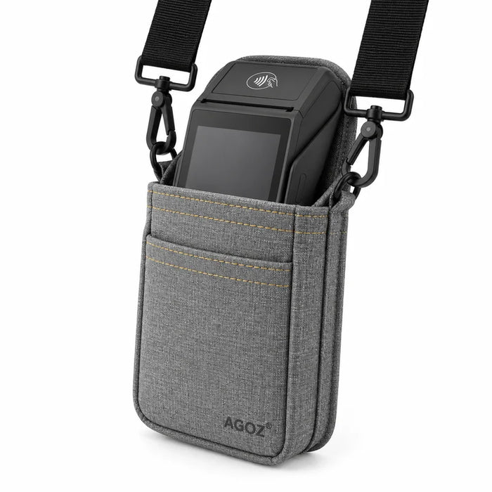 A gray heathered fabric pouch with a black adjustable strap and clips, holding a black Adyen handheld payment terminal. The pouch features a front pocket with contrast stitching and the brand name AGOZ printed near the bottom.