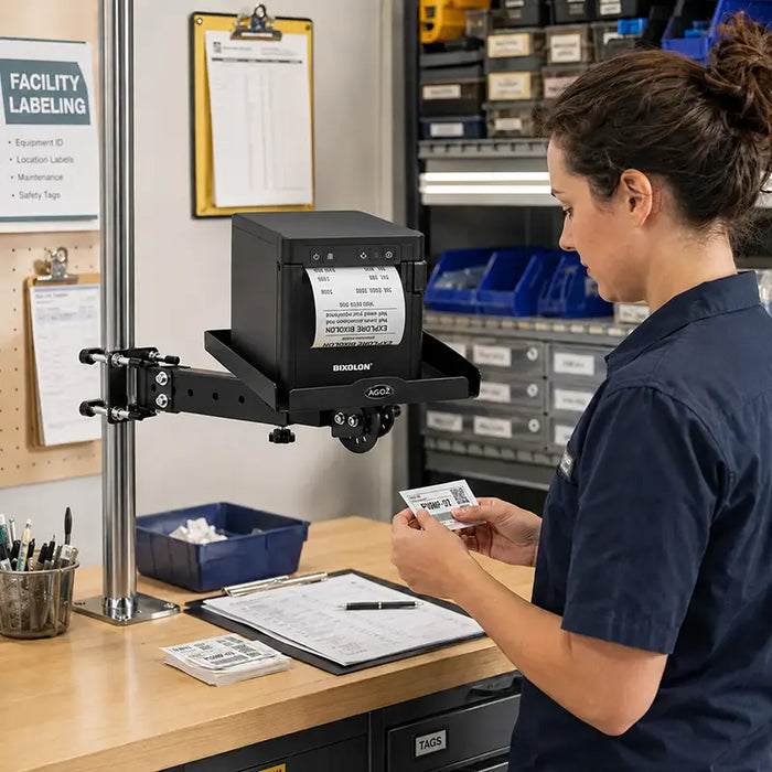 Retail operations employee reviewing identification labels printed from a Bixolon printer on an Agoz pole-mounted tray.