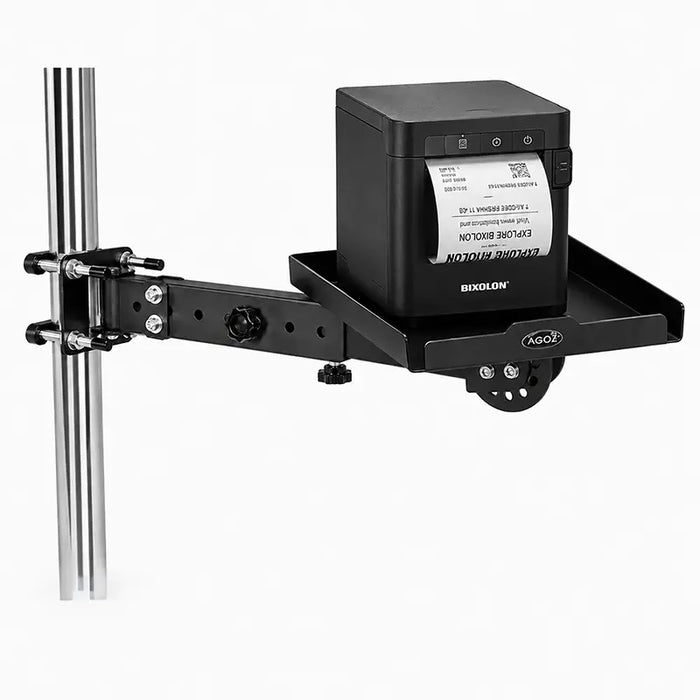 Bixolon receipt printer secured on an Agoz adjustable pole-mount tray for retail backroom workstations.