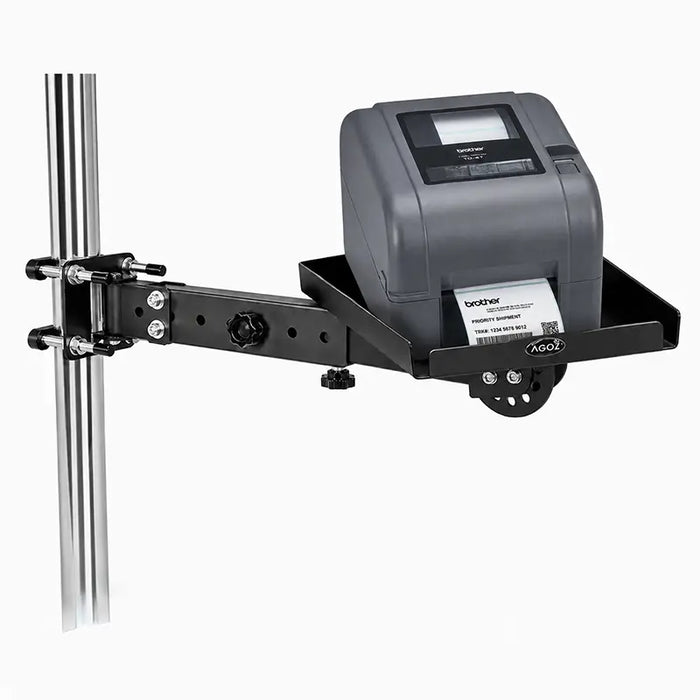 Brother label printer secured on an Agoz adjustable pole-mount shelf for facility identification and operational labeling.