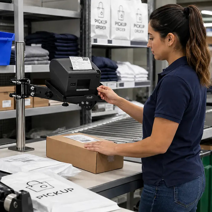 Worker using a Star Micronics printer on an Agoz pole-mount tray at a service workstation and pickup packing station.
