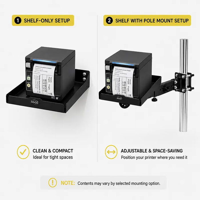 Comparison of the Agoz Seiko SII printer shelf used alone or with an adjustable pole-mount swing arm.