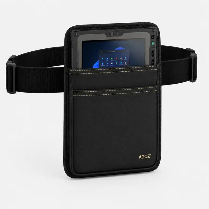 Black Getac tablet waist belt case with rugged tablet secured in front pocket for worksite carry