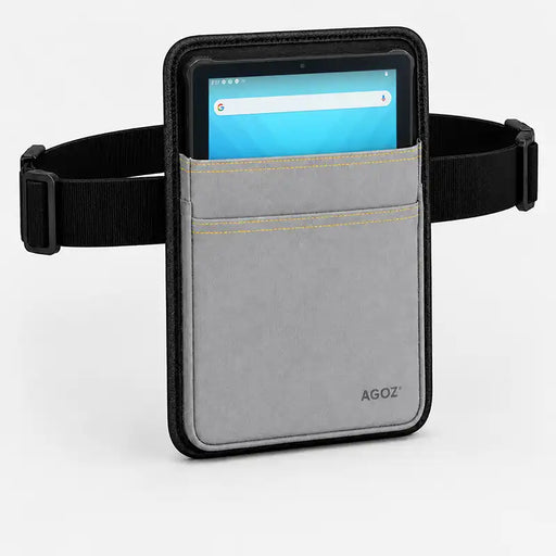 Gray Agoz waist-mounted carrying case with a Unitech RT112 tablet and adjustable black belt