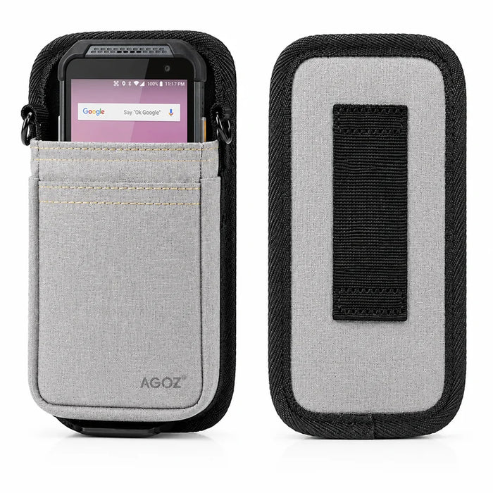 Front and back product view of the gray AgozTech Point Mobile crossbody holster, showing the Point Mobile device seated in the front pouch and the rear belt loop panel on a light background.