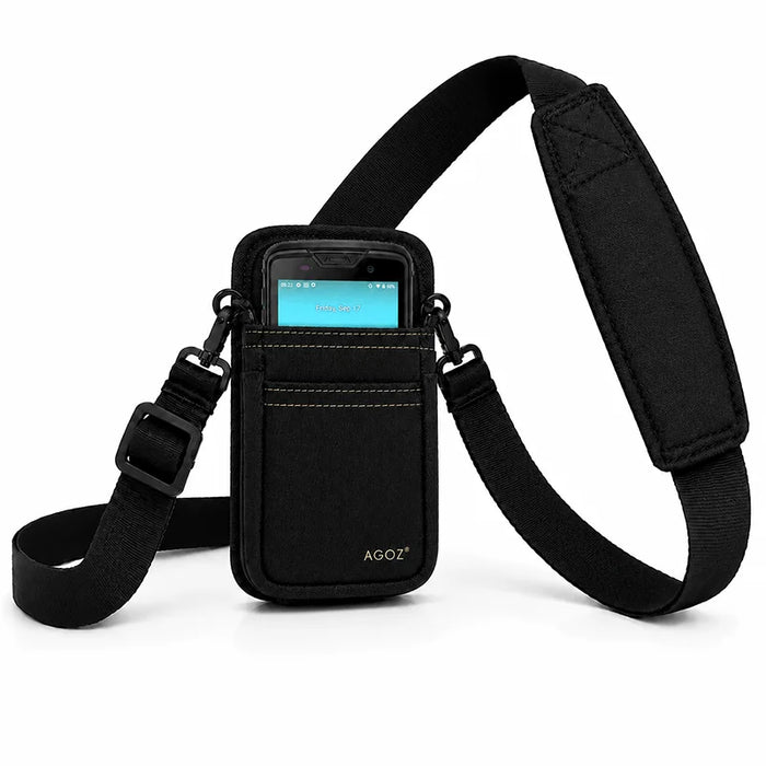 Black Unitech shoulder sling holster with Unitech device seated in the front pouch, shown with adjustable strap and padded shoulder section on a white background.