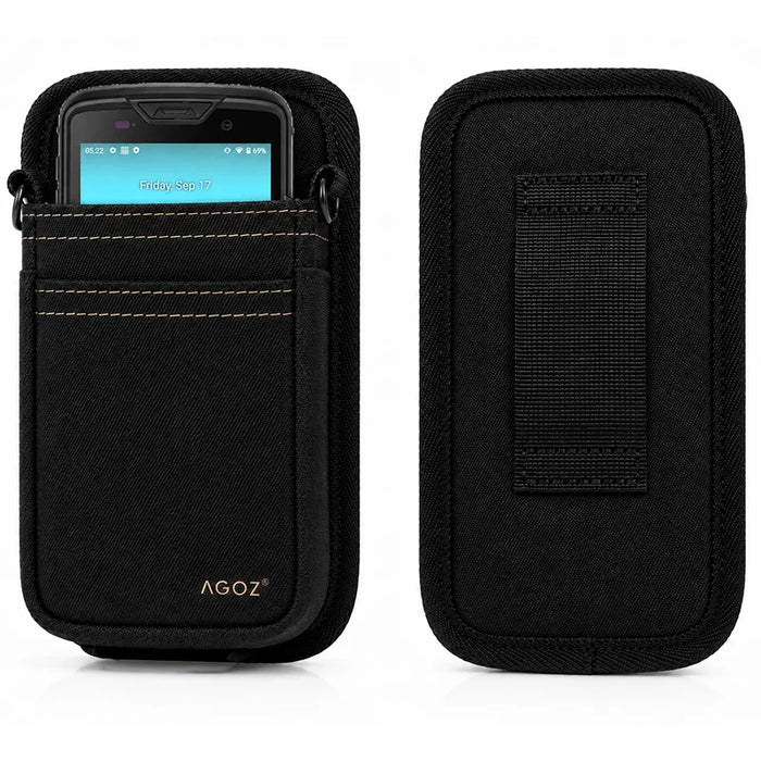Front and back product view of the black Unitech shoulder sling holster, showing the Unitech device seated in the pouch and the rear belt loop panel.