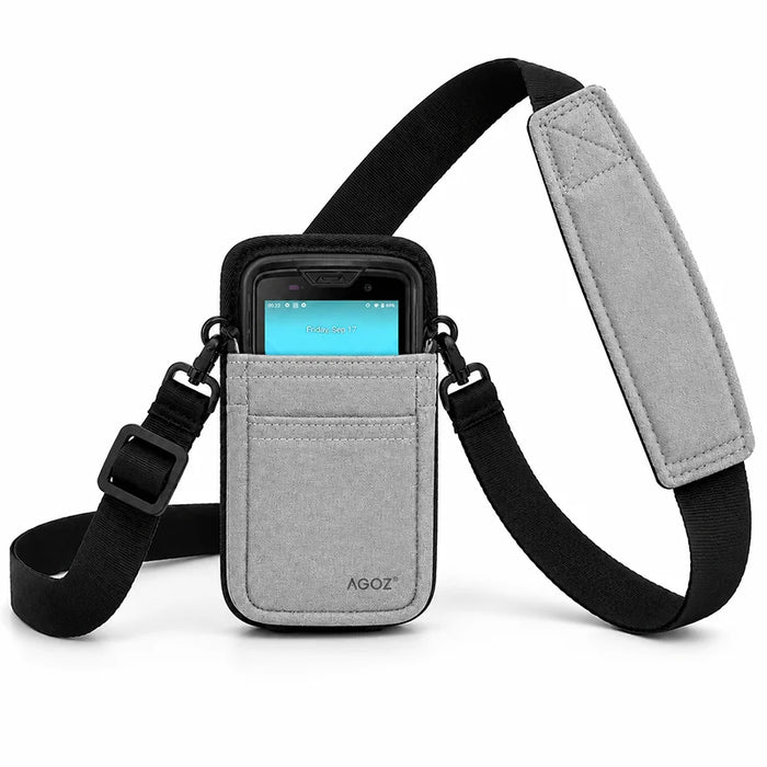 Gray Unitech shoulder sling holster with Unitech device secured in the front pouch, shown with black strap, gray shoulder pad, and AGOZ logo on a white background.