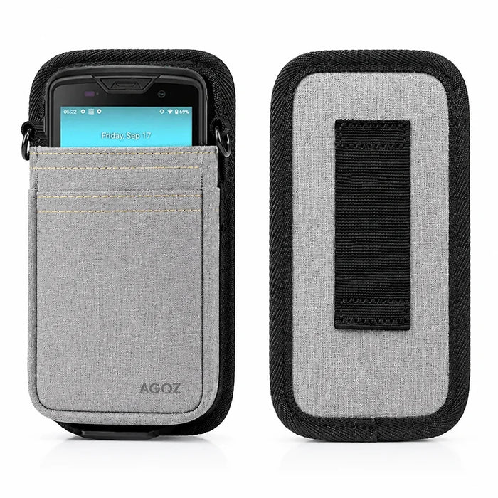 Front and back product view of the gray Unitech shoulder sling holster, showing the Unitech device seated in the pouch and the rear belt loop panel.