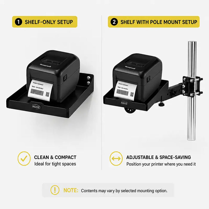 Comparison of the Agoz Honeywell printer shelf used alone or with an adjustable pole-mount swing arm for space-saving installation.