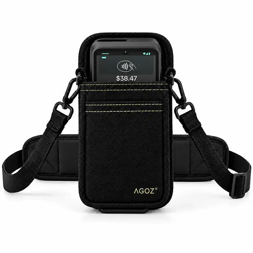 Black Agoz Verifone POS terminal holster with adjustable crossbody shoulder strap, padded shoulder support, and front storage pocket.