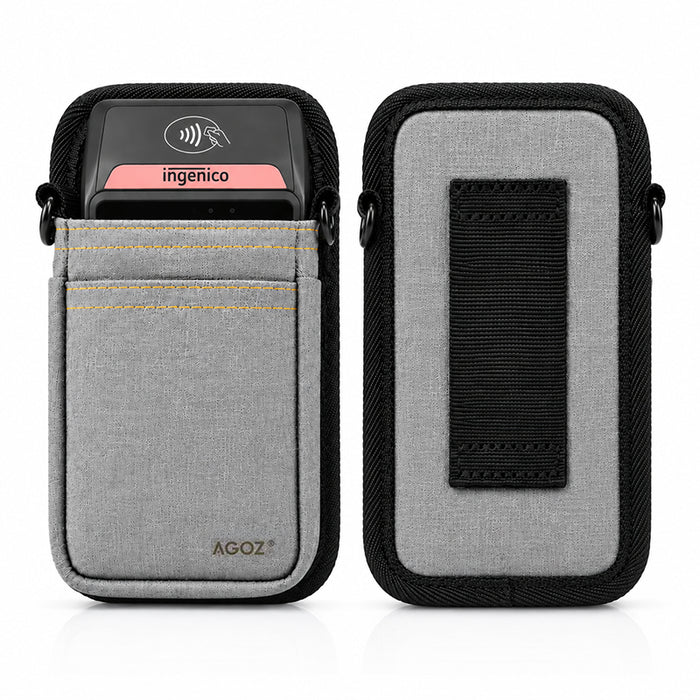 Front and back views of the Agoz gray Ingenico POS holster, showing the protective pouch and rear belt loop.