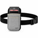 Ingenico POS payment terminal in an Agoz gray holster with adjustable black waist belt for hands-free carrying.