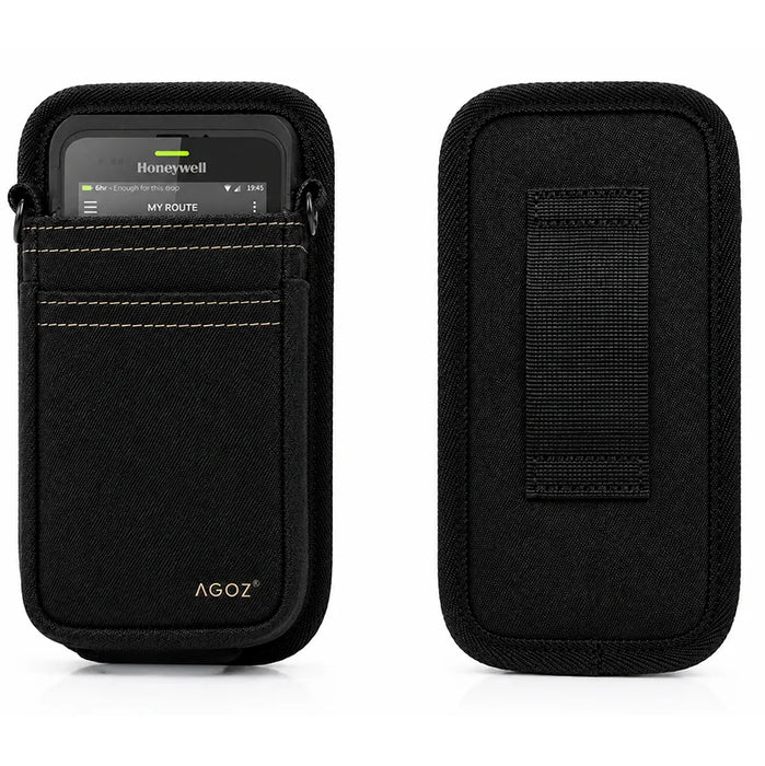 Black Honeywell shoulder sling holster with Honeywell handheld computer secured in front pouch and rear belt loop view.