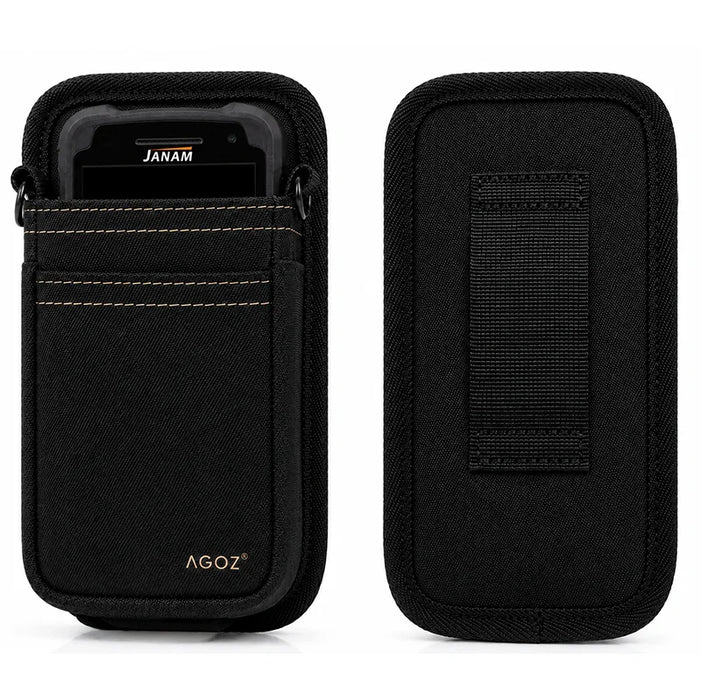 Black Janam waist belt case shown with front device access and rear belt loop detail for secure inventory and stockroom carry.