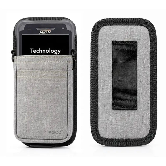 Gray Janam waist belt case shown with front device access and rear belt loop detail for secure warehouse and stockroom carry.