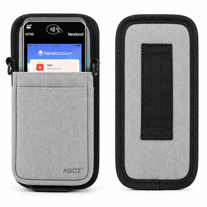 AgozTech gray crossbody sling holster for Newland POS terminals shown with front pocket and rear belt loop panel