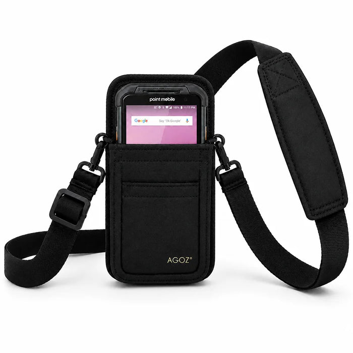 Front studio view of the black AgozTech Point Mobile crossbody holster with Point Mobile handheld device inserted, showing the adjustable shoulder strap, padded shoulder section, front pocket stitching, and AGOZ logo on a light background.