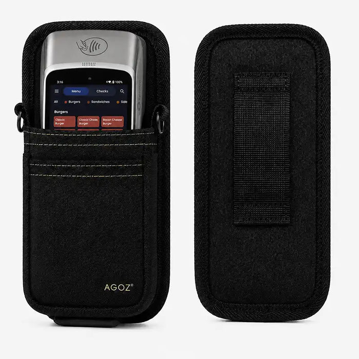 Front and back views of an Agoz carrying case for a SpotOn payment terminal, showing the protective pouch and rear waist belt loop.