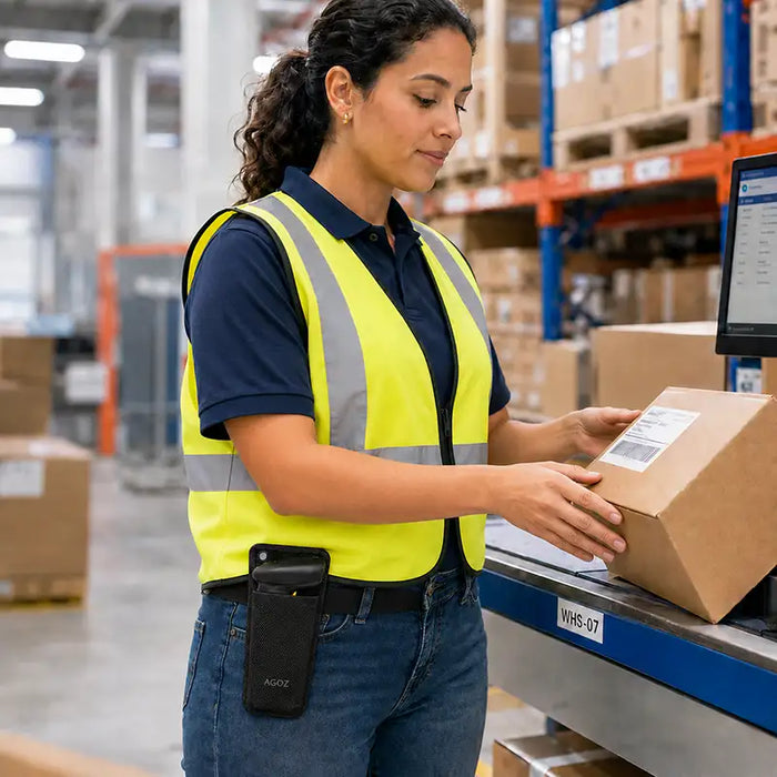 Worker wearing an Agoz wireless scanner mountable case on a waist belt while handling a labeled package at a warehouse workstation.