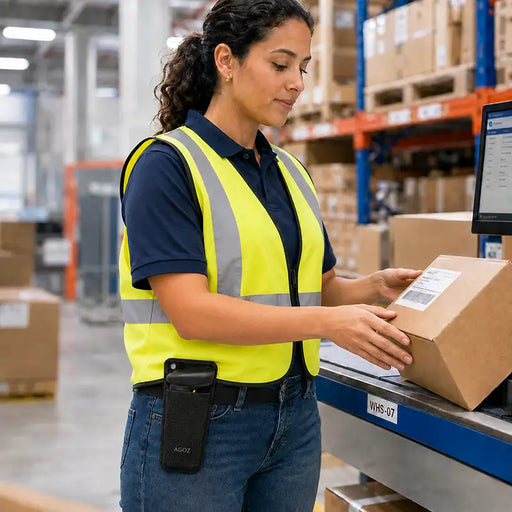 Warehouse worker handling a labeled package with a CipherLab 2564-style scanner secured in a black Agoz waist belt case.