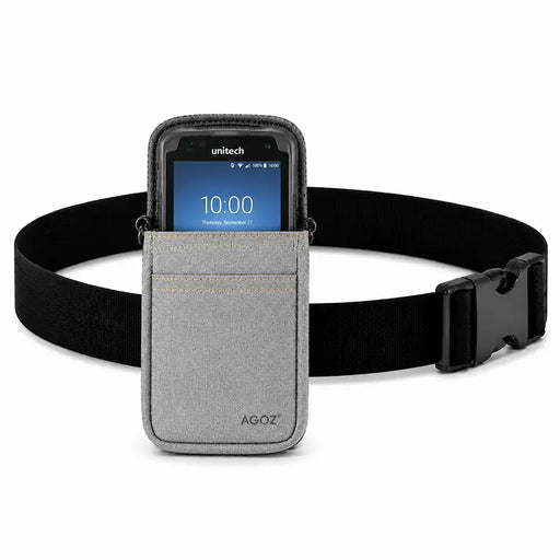 Gray Unitech waist belt pouch shown with a compact Unitech scanner secured in the front pocket and an adjustable belt strap for mobile scanner carry.