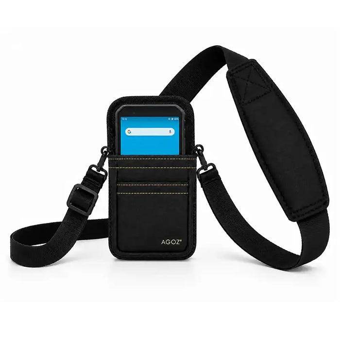 Black Agoz shoulder sling case with Almex mobile computer inserted, adjustable strap, padded shoulder support, clip hardware, and front pocket stitching.