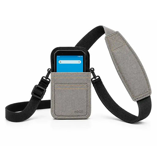 Gray Agoz shoulder sling case with Almex mobile computer inserted, black strap, padded shoulder support, and contrast stitching for mobile workflow carry.