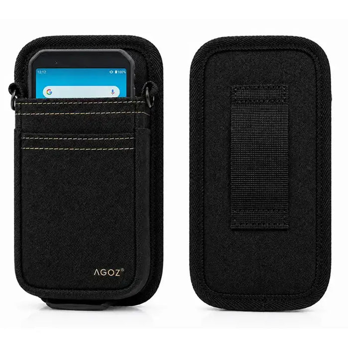 Black Agoz shoulder sling case shown with an Almex mobile computer inserted, plus rear view with belt loop panel for warehouse and logistics carry.