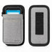 Gray Agoz shoulder sling case shown with an Almex mobile computer inserted, alongside rear view with black trim and vertical belt loop panel.