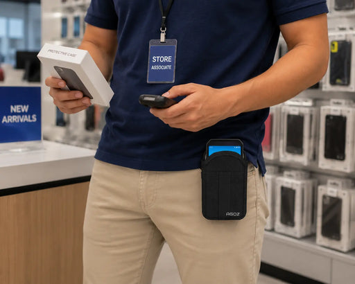 Retail store associate in a navy polo and beige pants using a handheld scanner while wearing a compact black AGOZ Almex case at his waist.