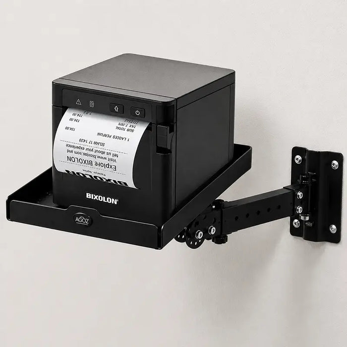 AgozTech Bixolon receipt printer tray with black stainless steel shelf and industrial wall mount swing arm