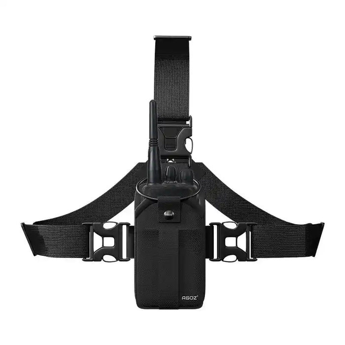 Chest harness pouch for DEWALT two-way radio with front-facing radio holder and adjustable black straps
