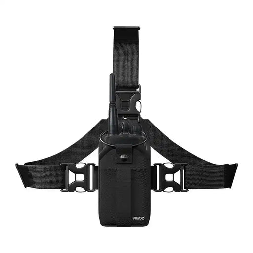 Chest harness pouch for Kenwood two-way radio with front-facing radio holder and adjustable black straps