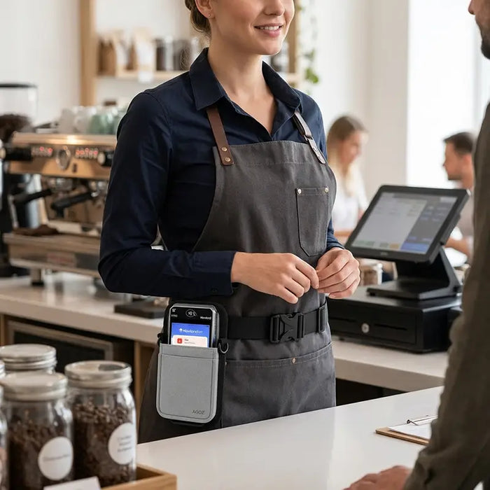 Hospitality worker wearing an AgozTech gray waist belt holster with Newland POS terminal at a service counter.