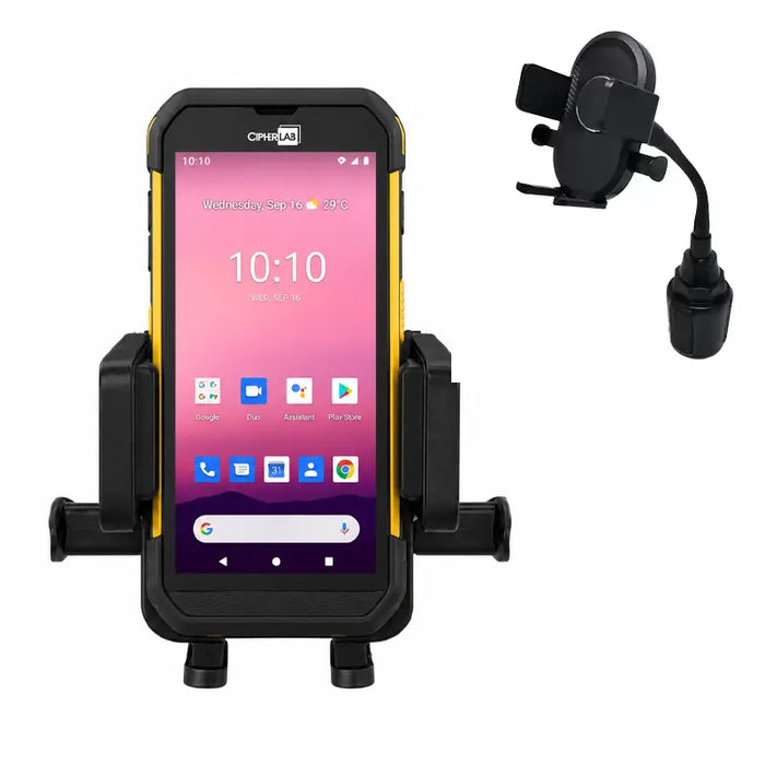 Cipherlab mobile scanner secured in an AgozTech cup holder vehicle cradle mount with adjustable gooseneck base.